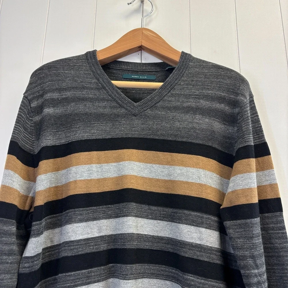 Perry Ellis Mens V-Neck Preppy Striped V-Neck Sweater Size L Business Casual - Picture 8 of 8